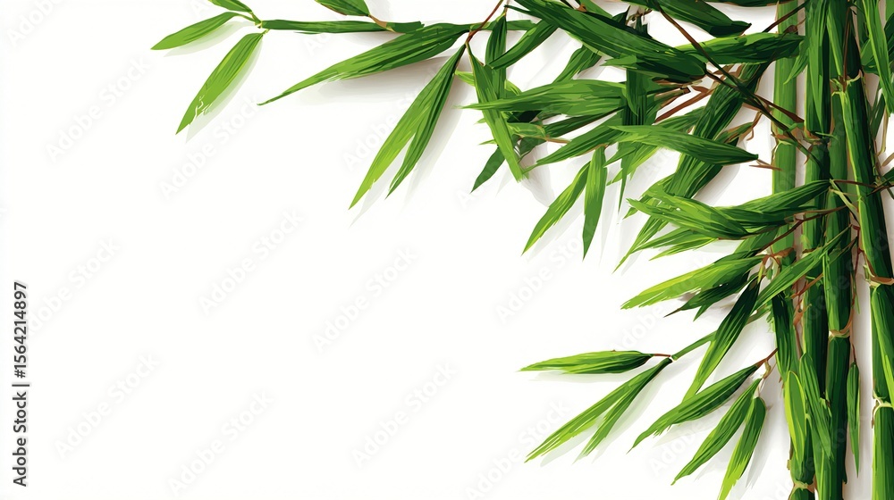 Fototapeta premium Lush green bamboo stalks and leaves arranged on a white background, creating a vibrant natural border