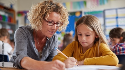 Educator Guiding Student: A dedicated educator guides a young student in a classroom, fostering learning and growth in a nurturing environment.