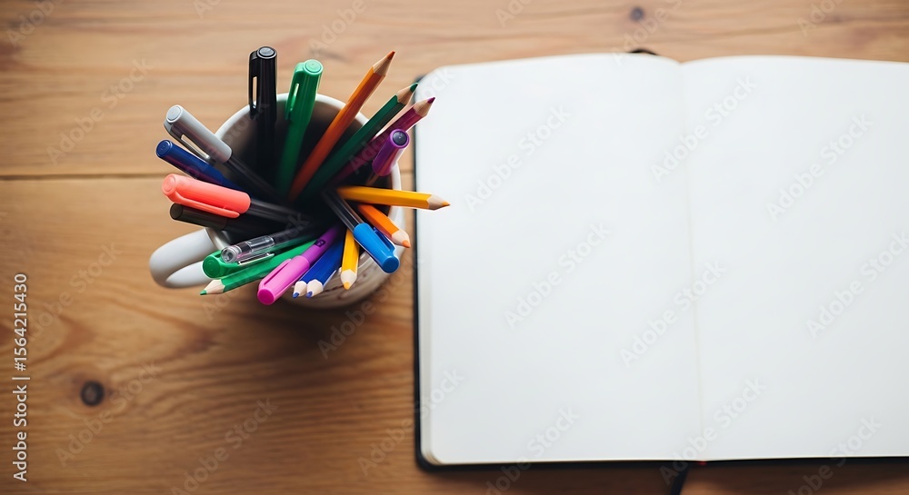 Obraz premium An open notebook with pen and pencils.
