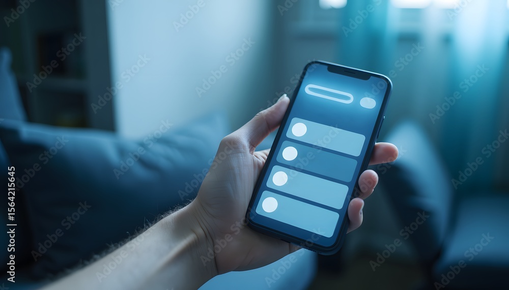 Obraz premium Smartphone with Blank User Interface in Hand Against Soft Blue Sofa and Natural Light Background