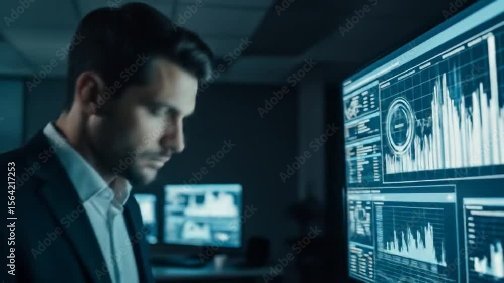 Focused Businessman Analyzing Data on Large Screen in Modern Tech Office Focused Businessman Analyzing Data on Large Screen in Modern Tech Office