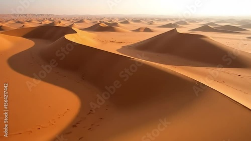 Golden hour illuminates the majestic sand dunes of the Arabian Desert, showcasing the undulating landscape at sunrise.