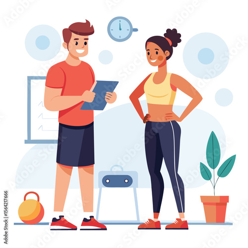 Fitness coach consulting with athlete about exercise routine and training schedule plan
