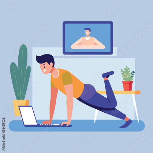 Man exercises at home following online fitness class on laptop computer
