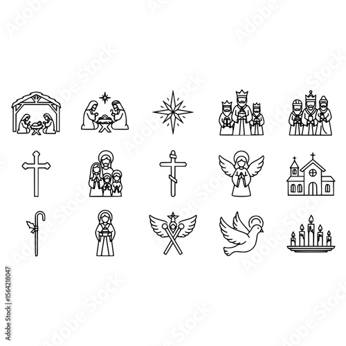 Christmas nativity scene religious christian holiday icons vector illustration set design outline art