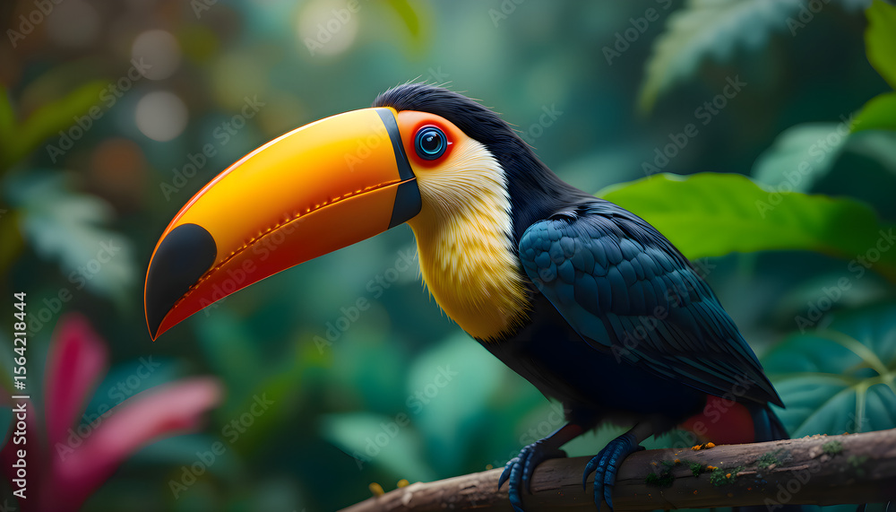 Fototapeta premium Brightly colored tropical bird perched on a branch in a lush forest environment surrounded by dense foliage and natural light