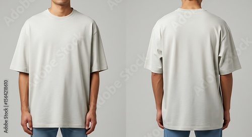Front and back view of a male model wearing a blank, oversized off-white heather t-shirt. (AI Generated)