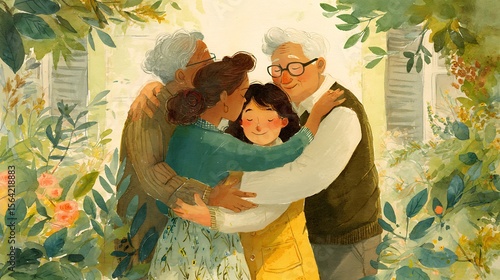 Watercolor painting depicting a loving family reunion hug with grandparents, mother, and child, filled with warmth and affection.