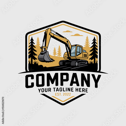Mini excavator logo in forest for construction companies branding. Vector suitable for marketing materials, websites, and promotional items.