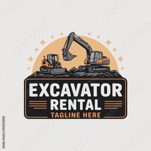 Mini excavator logo for excavator and bulldozer rental services. Suitable for construction companies, equipment rental businesses, and excavator operators.