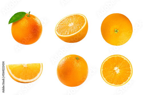 Set of oranges with cut in half and slices isolated on white background.