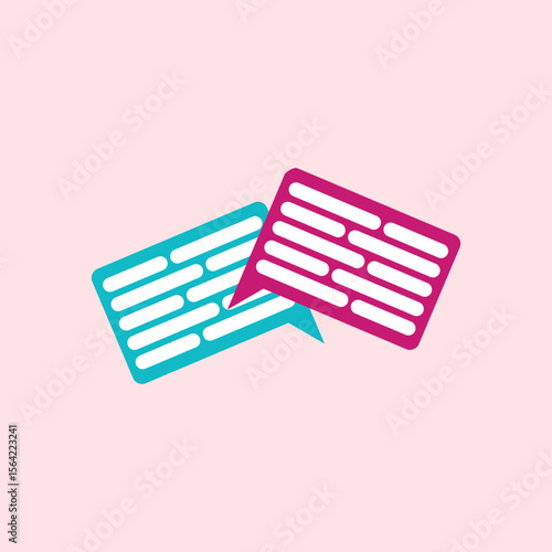 Illustration of two blue and pink speech balloons with white text lines, suitable for communication, chatting, messaging, dialogue, interaction themes in social media design