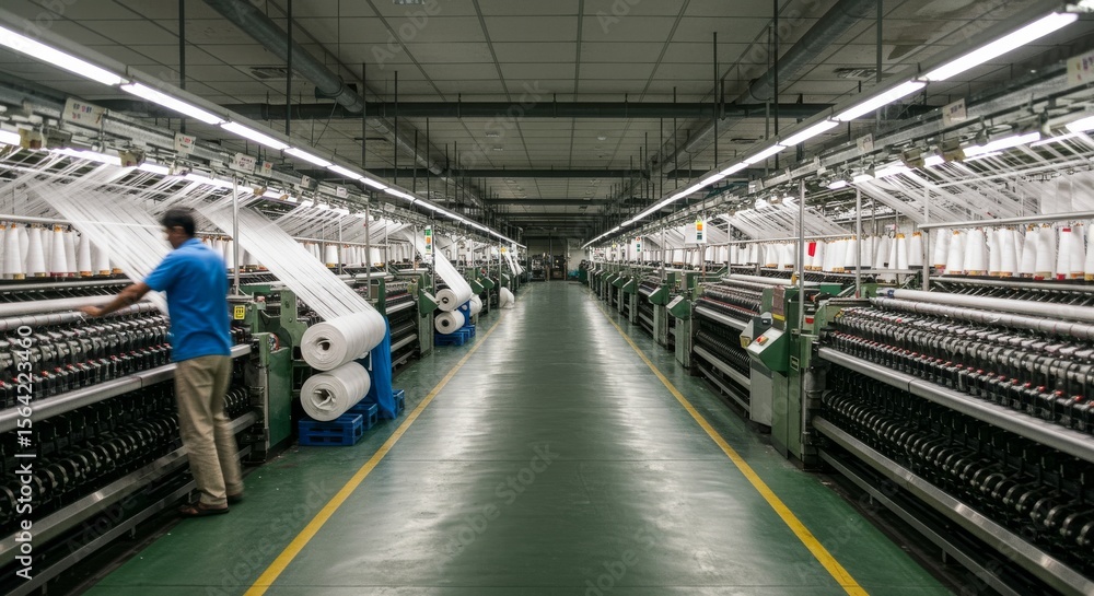 Fototapeta premium Transforming the Textile Industry: Advanced Machinery and Equipment in Fabric Production and Weaving Processes Empower Workers