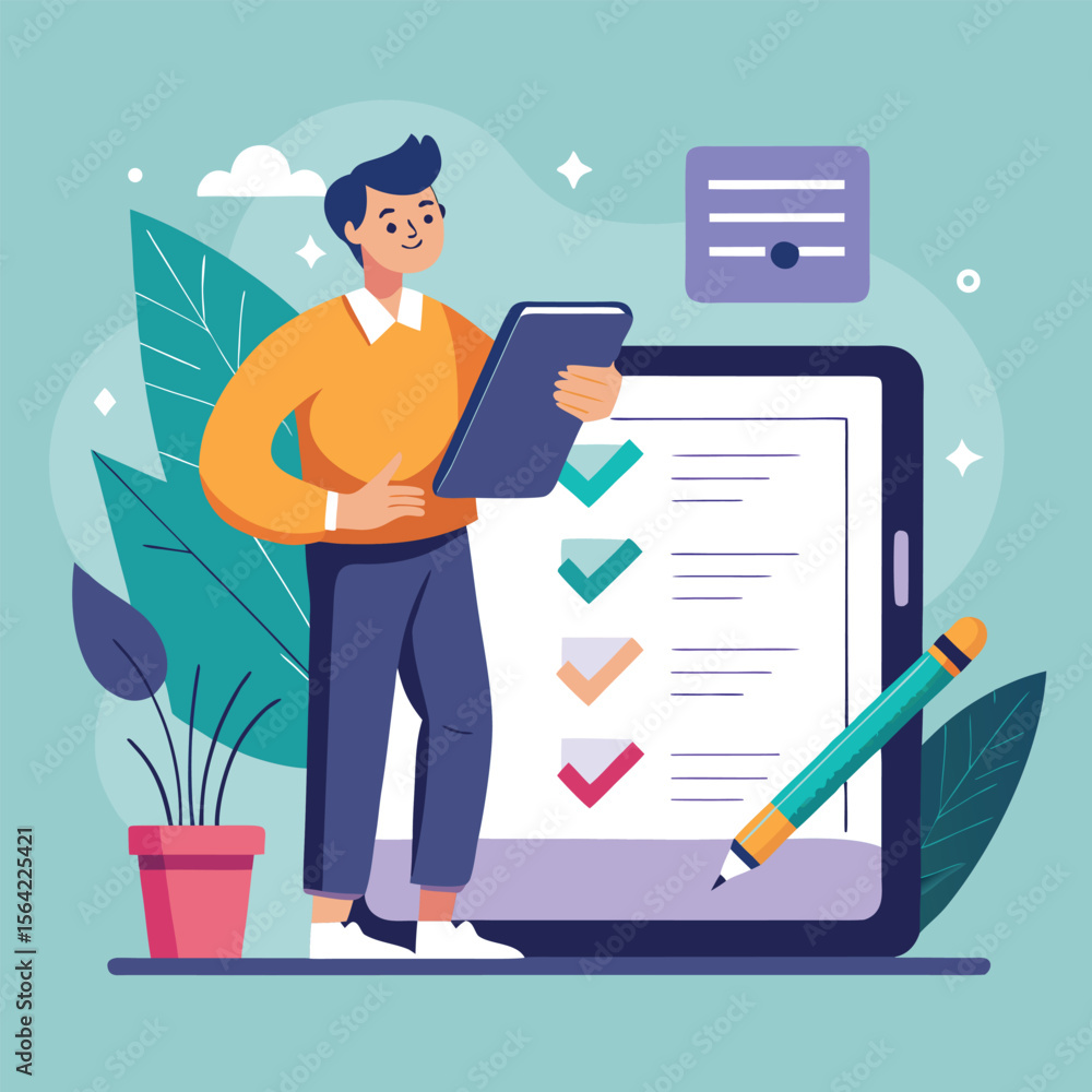 A person checking a list on a tablet representing tasks completion and project management A person checking a list on a tablet representing tasks completion and project management