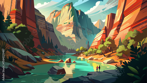 The emerald pools and rust-colored cliffs of Zion National Park reflect softly in early light, as hikers cross narrow canyons carved by time and water.