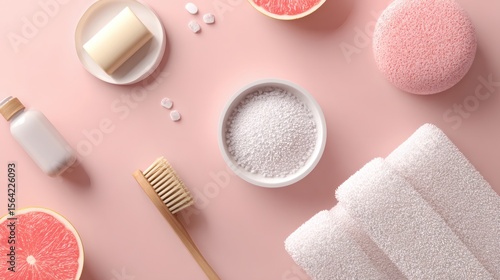 Bathroom Accessories Flat Lay - Soap, Towel, Brush, Grapefruit