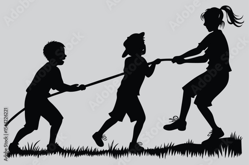 Group of children doing tug of war silhouette vector design art and illustration