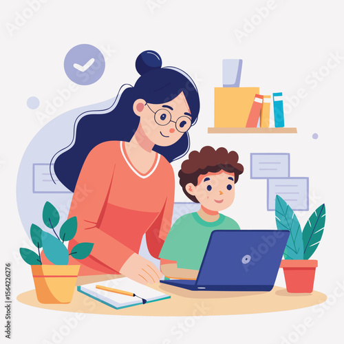 Mother and son working together at a desk using a laptop computer illustration