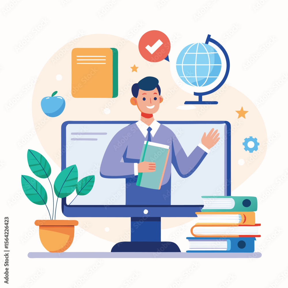 Online education concept with teacher computer books apple and globe illustration Online education concept with teacher computer books apple and globe illustration
