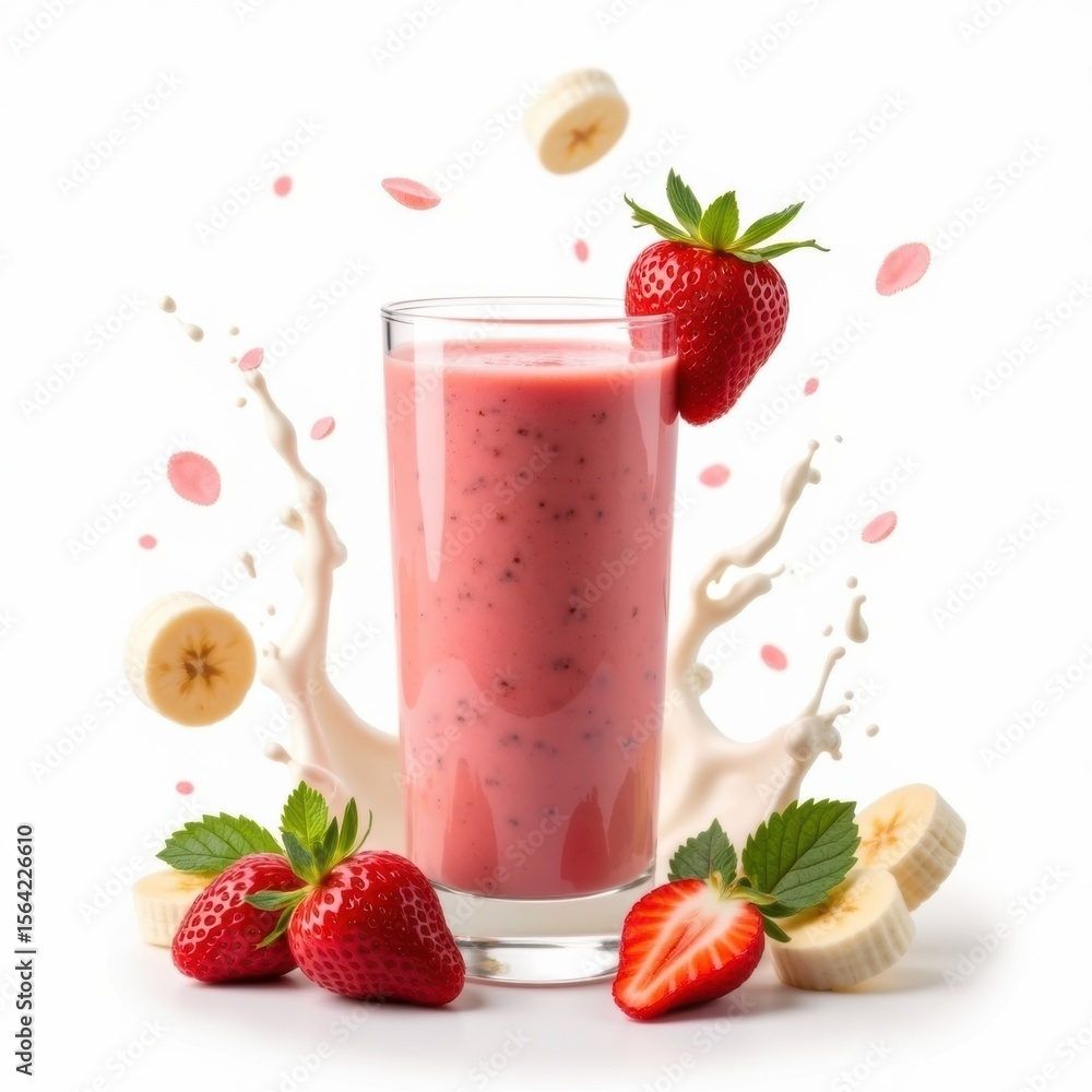 Smoothie o batido de fresa con plátano con esplash y pedazos de fruta esparcidas en el aire y en la superficie. Sobre fondo blanco. Smoothie o batido de fresa con plátano con esplash y pedazos de fruta esparcidas en el aire y en la superficie. Sobre fondo blanco.