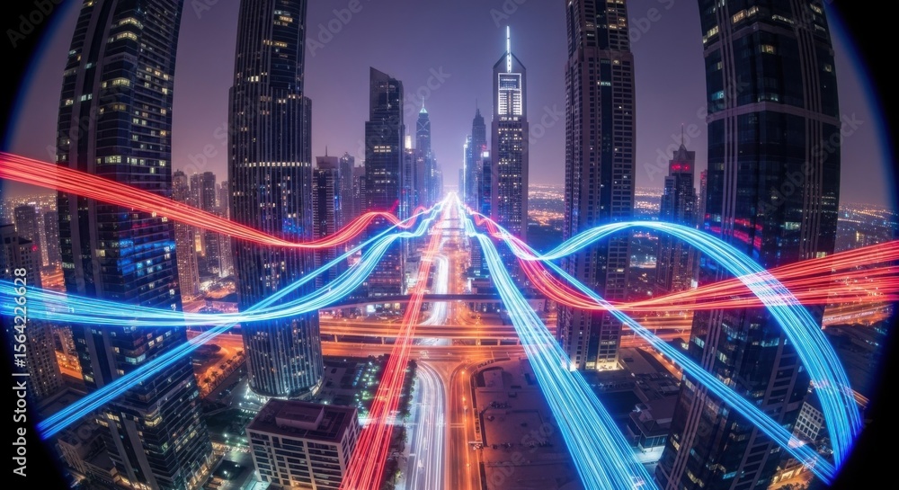Obraz premium Futuristic Cityscape Abstract Background with Flowing Light Trails and Skyscrapers at Night