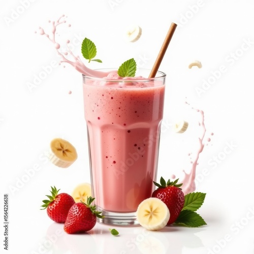 Smoothie o batido de fresa con plátano con popote, splash y pedazos de fruta esparcidas en el aire y en la superficie. Sobre fondo blanco. 