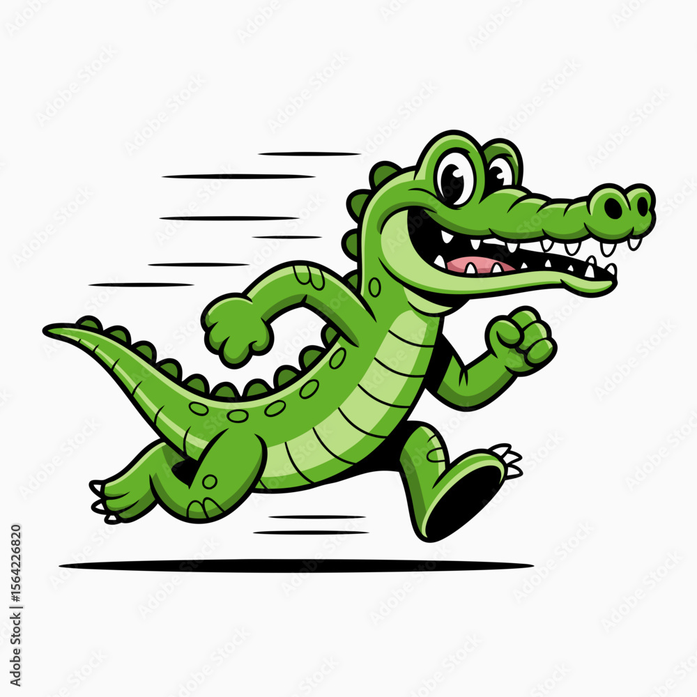 Fototapeta premium Funny cartoon crocodile sprinting hilariously fast, suitable for childrens book illustrations, playful website graphics, and fun sportsrelated designs.