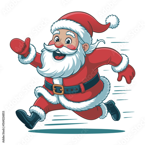 Funny vector Santa Claus sprinting with gifts, perfect for Christmas designs, greeting cards, posters, and holidaythemed projects, bringing festive cheer.