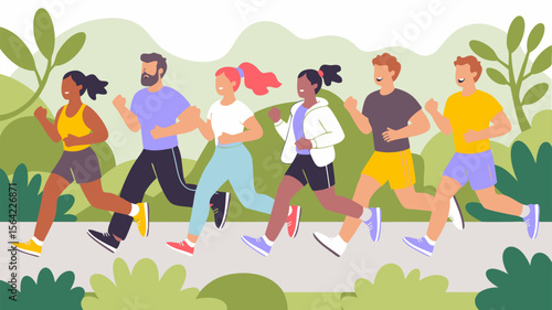 Funny runner vector of diverse group happily jogging outdoors in a park. Suitable for fitness, running, exercise, group activities illustrations.