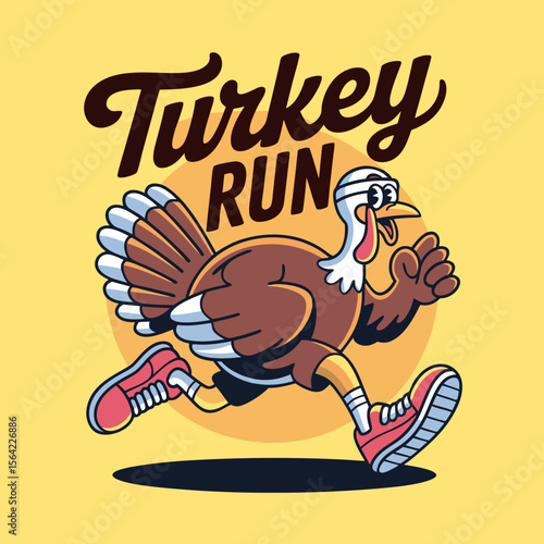 Funny runner vector of a cartoon turkey sprinting hilariously in a thanksgiving turkey race. Suitable for thanksgivingthemed designs and marketing materials.