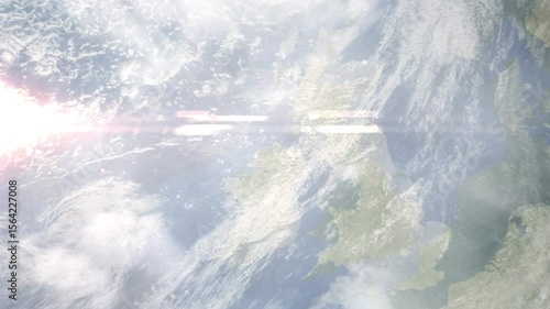 Earth zoom in from space and focus on Derry, Northern Ireland, Londonderry, Great Britain. Background for travel intro or blog. Satellite view. 3D style Animation. Images from NASA.