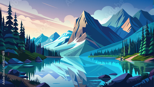 A tranquil lake mirrors the jagged peaks of Glacier National Park, where pine trees line the shore and soft mountain mist adds a dreamlike serenity.