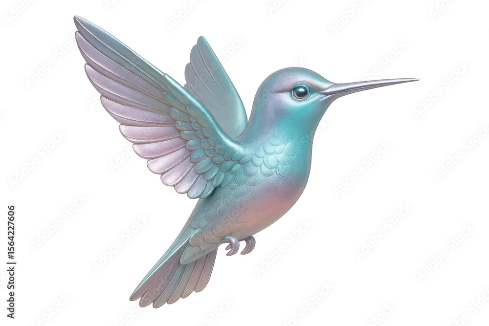 Obraz premium Vibrant hummingbird hovering, wings extended, revealing shimmering plumage against clean white backdrop