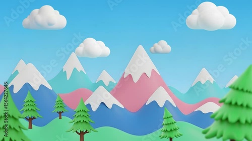 Cartoon animation with mountain landscape, pine trees and white clouds. Spring Or Summer Cartoon Landscape Animation.