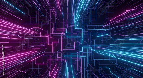 Abstract Background Neon Circuitry Digital Technology Flowing Data Lines