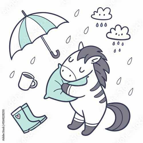 Cute SVG of a Bashful Wild horse in Raindrop Calm colors, featuring hugging a pillow in a Rainy day setting