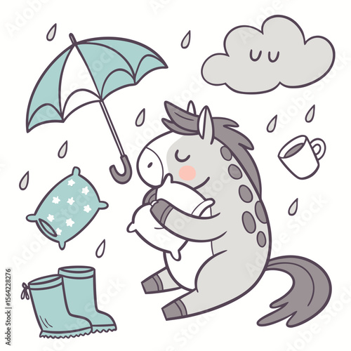 Cute SVG of a Bashful Wild horse in Raindrop Calm colors, featuring hugging a pillow in a Rainy day setting