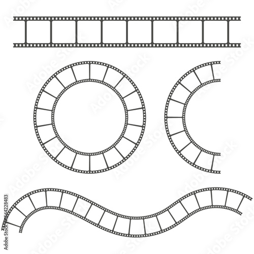 Film strip elements. Cinema reel shapes. Video recording Vector. Movie production symbols.