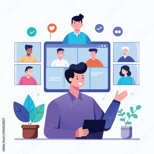 Illustration of a video conference meeting with diverse participants and a presenter