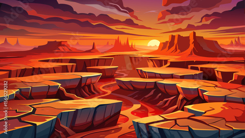 Cracked desert earth and glowing red cliffs shape the vast terrain of Canyonlands National Park, a silent expanse warmed by sunset tones.