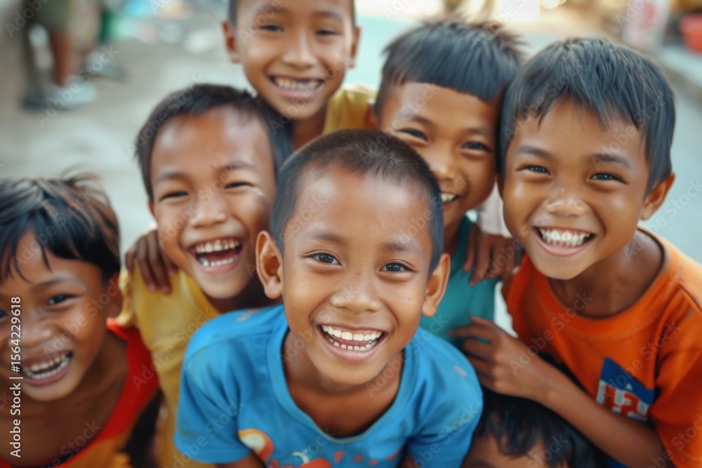 Group of happy smiling children looking at camera in the street. Close up. Group of happy smiling children looking at camera in the street. Close up.