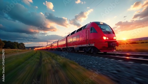 High-Speed Train Blazing Across Summer Landscape, Vibrant Motion Blur, Dramatic Lighting, Travel Photography