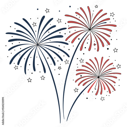 Red blue fireworks bursting with stars celebration explosion