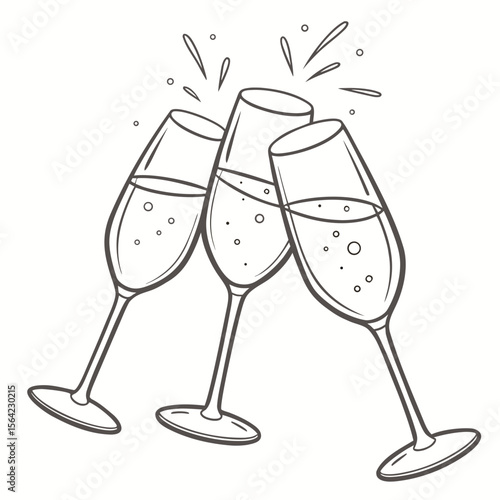 Three champagne flutes clinking together with bubbles glasses celebration