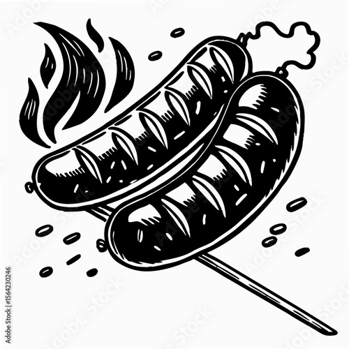 Two sausages on a stick with flames grilling barbecue