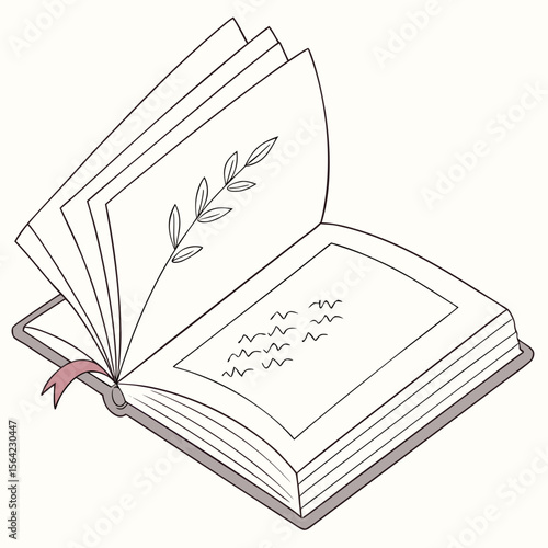 Open book with plant illustration and wavy lines leaves
