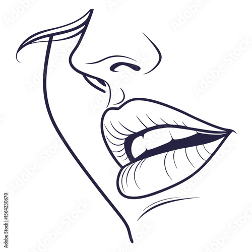 Elegant dark blue line art of a woman's lips and nose mouth beauty