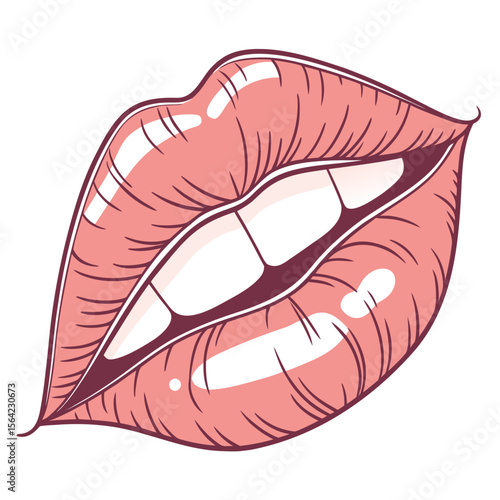 Lush pink lips with glossy highlights and dark outline mouth kiss