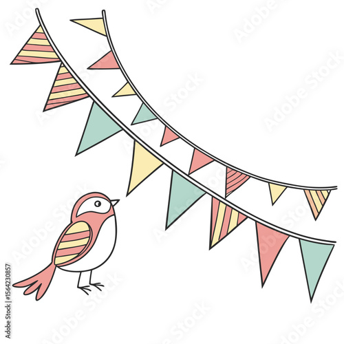 Cute bird and festive bunting on white background flags party