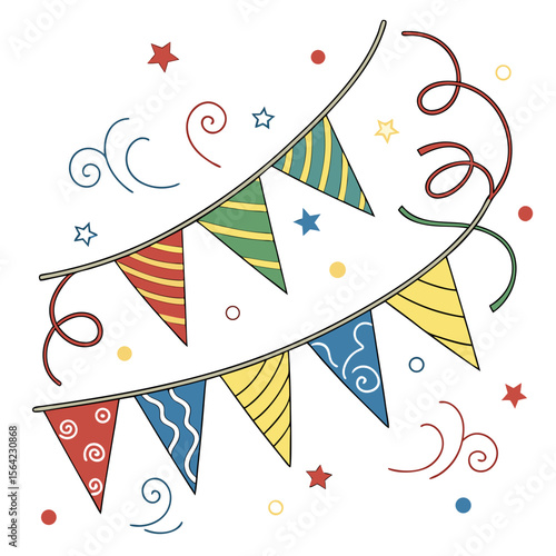 Festive bunting flags with swirling ribbons and stars party celebration